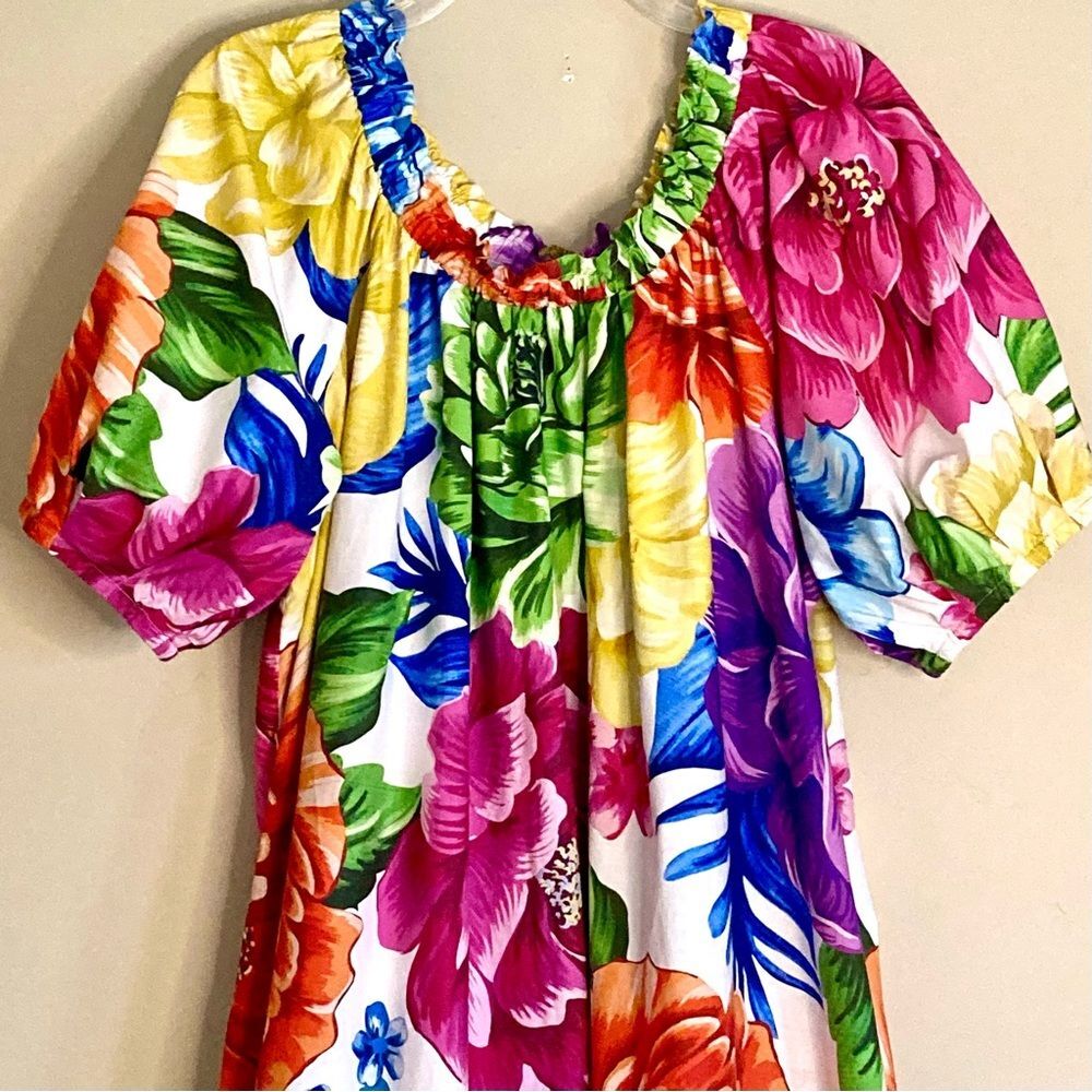 NEW FARM Rio Rainbow Chita Off Shoulder Maxi Dress Puff Sleeve Pink Floral L/XL - Picture 7 of 16